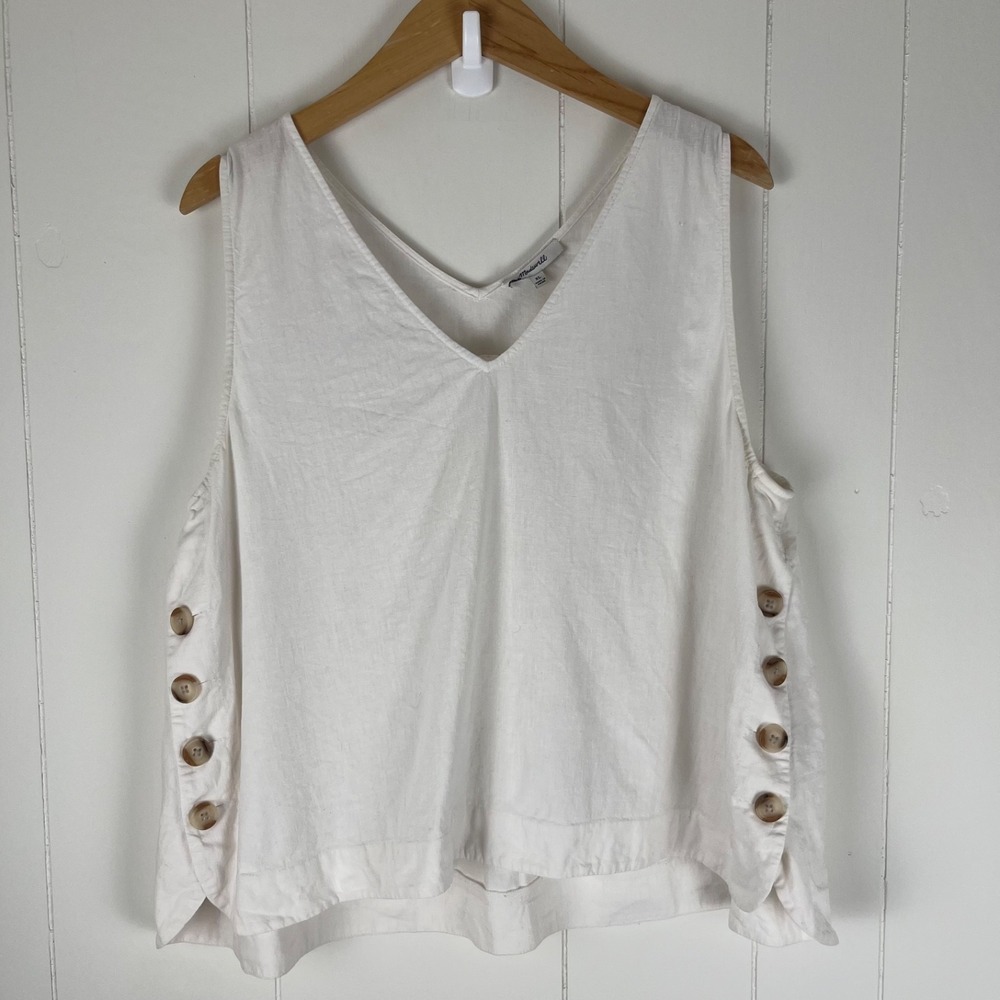 Madewell Linen Blend Side Button Sleeveless Top Womens XL White V Neck Coastal